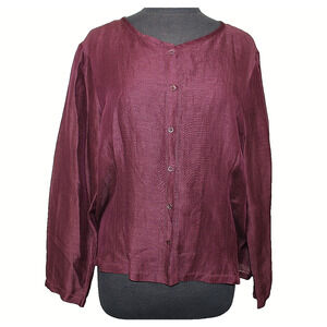 A8 New EILEEN FISHER Silk Linen Button Front Burgundy Long Sleeve Blouse Top XL